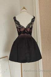 Sexy A Line V Neckline Satin Lace Vacation Dresses Short Birthday Dresses